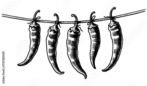 Vintage engraving of chili peppers hanging on a string. Detailed black and white etching illustration in classic retro style.