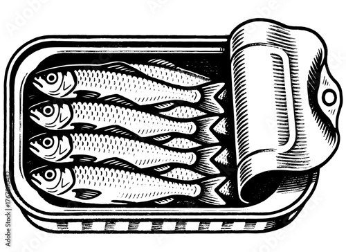 Vintage engraving of sardines in an open tin can. Retro black and white etching illustration with detailed texture and classic food art style.