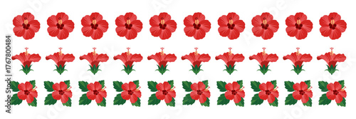 Red hibiscus border, repeating small blossoms, tropical garland row, seamless repeat strip, floral trim design, summer vector