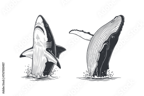 Humpback whale, and shark  breaching from water, Handdrawn linework woodcut or engraving vintage texture illustration