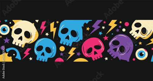 Vibrant and whimsical skull pattern with lightning bolts stars and eyes on a dark background