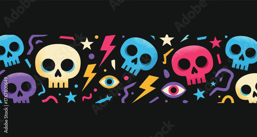 Vibrant and whimsical skull pattern with lightning bolts stars and eyes on a dark background