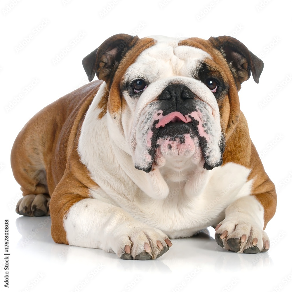 Obraz premium Brown and white wrinkly breed dog, resting on a white background