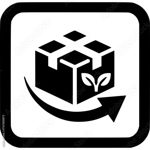 Eco-friendly Logistics Icon: A symbol of sustainability and environmentally conscious transport, showcasing a cardboard box with a leaf and an arrow symbolizing the green revolution.