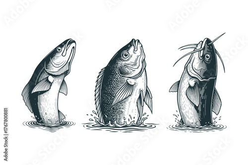 Tilapia, carp and  catfish breaching the water,Handdrawn linework woodcut or engraving vintage texture illustration