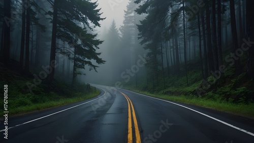 Curving asphalt road cutting through forest in dense fog, mysterious and dramatic lighting, moody landscape, perfect for adventure, mystery, or solitude-themed stock images.