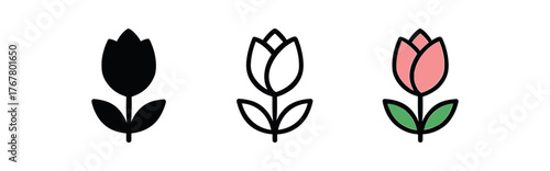 flower blooming bud icon on white background Black silhouette flat icon outline icon and colored icon style. three minimal vector icon style