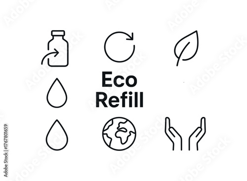 outline vector icon 6 isolated on white background minimal black monochrome style flat vector icon illustration central bold title text Eco Refill surrounding icons: refill bottle arrow
