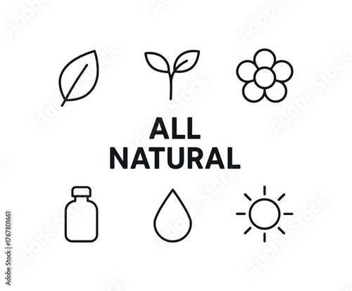 outline vector icon 6 isolated on white background minimal black monochrome style flat vector icon illustration central bold title text All Natural surrounding icons: leaf sprout flower