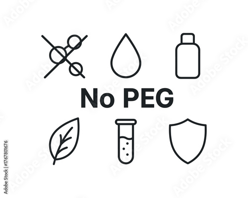 outline vector icon 6 isolated on white background minimal black monochrome style flat vector icon illustration central bold title text No PEG surrounding icons: molecule crossed droplet