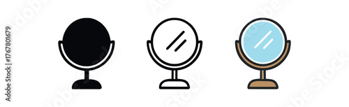mirror round glass icon on white background Black silhouette flat icon outline icon and colored icon style. three minimal vector icon style