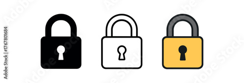 lock closed shackle icon on white background Black silhouette flat icon outline icon and colored icon style. three minimal vector icon style