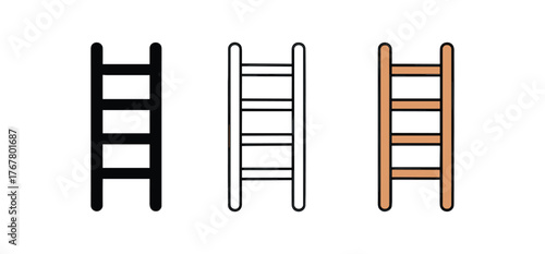 ladder wooden rungs icon on white background Black silhouette flat icon outline icon and colored icon style. three minimal vector icon style