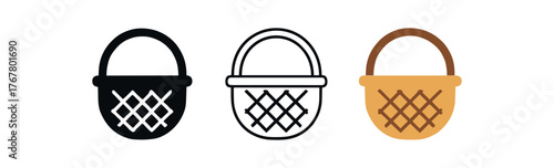 basket straw weave icon on white background Black silhouette flat icon outline icon and colored icon style. three minimal vector icon style