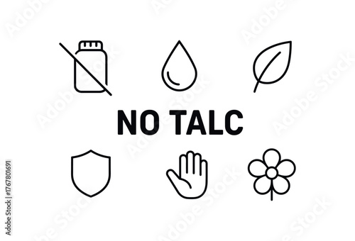 No talc icon set with shield, hand and flower symbols. Skincare cosmetic label, talc free product. Line vector illustration.