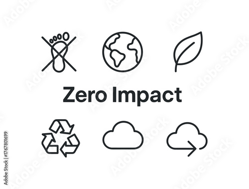 outline vector icon 6 isolated on white background minimal black monochrome style flat vector icon illustration central bold title text Zero Impact surrounding icons: footprint crossed