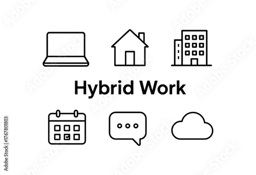 outline vector icon 6 isolated on white background minimal black monochrome style flat vector icon illustration central bold title text Hybrid Work surrounding icons: laptop home office