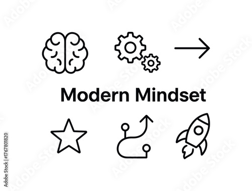 outline vector icon 6 isolated on white background minimal black monochrome style flat vector icon illustration central bold title text Modern Mindset surrounding icons: brain gears arrow