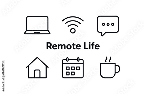 outline vector icon 6 isolated on white background minimal black monochrome style flat vector icon illustration central bold title text Remote Life surrounding icons: laptop wifi chat