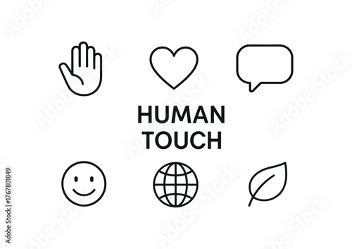 outline vector icon 6 isolated on white background minimal black monochrome style flat vector icon illustration central bold title text Human Touch surrounding icons: hand heart chat globe