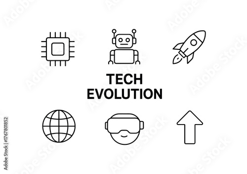 outline vector icon 6 isolated on white background minimal black monochrome style flat vector icon illustration central bold title text Tech Evolution surrounding icons: chip robot rocket