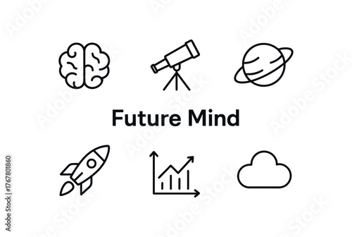 outline vector icon 6 isolated on white background minimal black monochrome style flat vector icon illustration central bold title text Future Mind surrounding icons: brain telescope planet