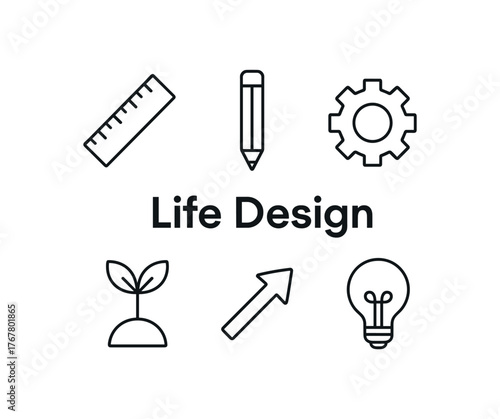 outline vector icon 6 isolated on white background minimal black monochrome style flat vector icon illustration central bold title text Life Design surrounding icons: ruler pencil gear