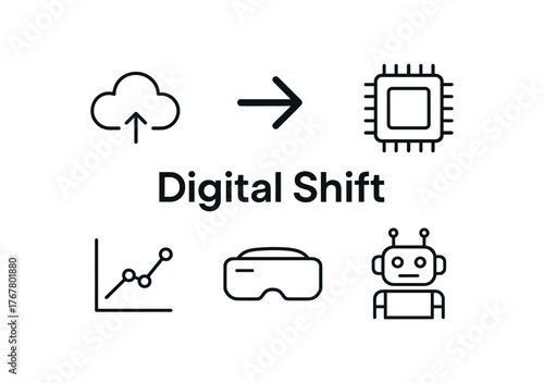 outline vector icon 6 isolated on white background minimal black monochrome style flat vector icon illustration central bold title text Digital Shift surrounding icons: cloud arrow chip