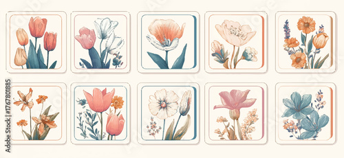 Charming Watercolor Floral Arrangement with Tulips and Assorted Flowers Set in Decorative Square Frames for Artistic Projects and Botanical Designs