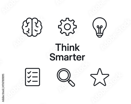 outline vector icon 6 isolated on white background minimal black monochrome style flat vector icon illustration central bold title text Think Smarter surrounding icons: brain gear light