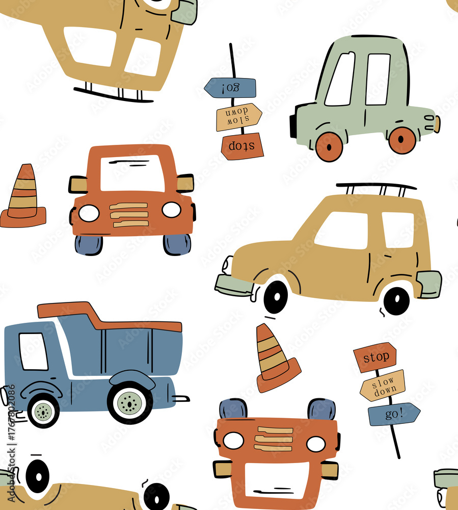 cute truck and car seamless pattern for child, abstract childish transportation design wallpaper 