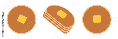 Stacked pancakes icons, round griddle cakes, melting butter pieces, breakfast food illustration, bakery menu art, simple vector clipart