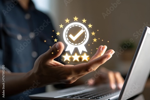 Quality assurance concept with businessman holding 5-star rating and checkmark badge icon. Ideal for business trust, customer satisfaction, product reviews and service excellence themes. 