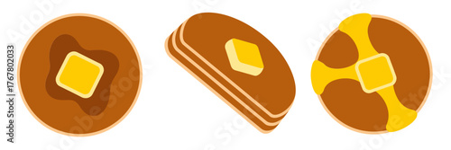 Round pancakes top view, syrup drizzle variations, golden breakfast sweets, cafe dessert symbols, food icons, clean vector illustration