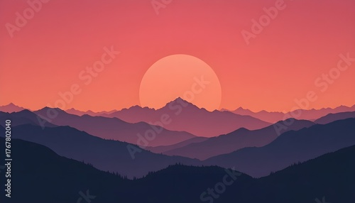 Silhouettes of layered mountain ranges under vibrant orange-pink sunset sky, soft gradient tones, minimalistic composition, modern aesthetic, ideal for background or inspirational poster design.