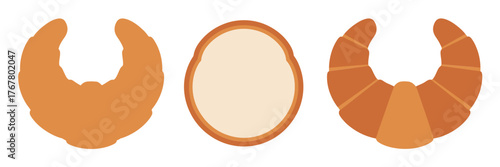 Pastry icons set, crescent roll and bagel ring variations, bakery assortment, breakfast bread symbols, simple food clipart vector