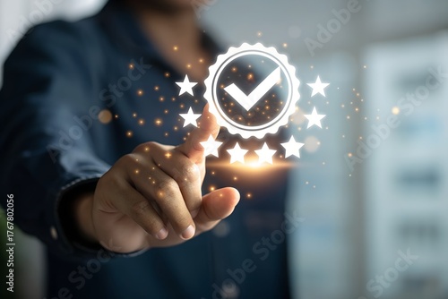 Quality assurance concept with businessman holding 5-star rating and checkmark badge icon. Ideal for business trust, customer satisfaction, product reviews and service excellence themes. 