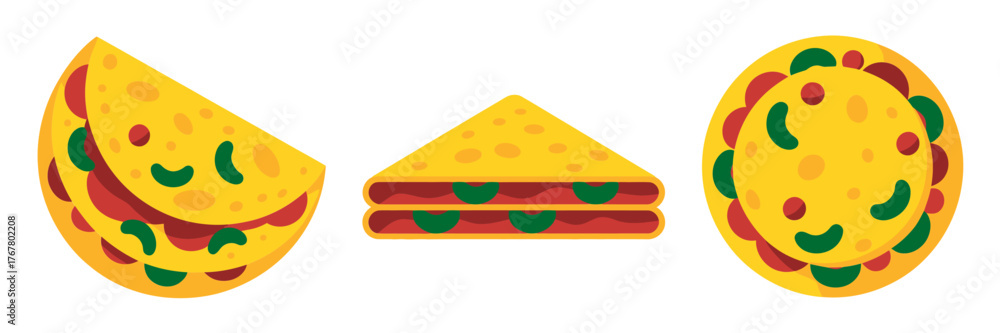 Fototapeta premium Smiling taco, cute sandwich wedge, happy round snack face, playful fast food clipart, fun vector illustration