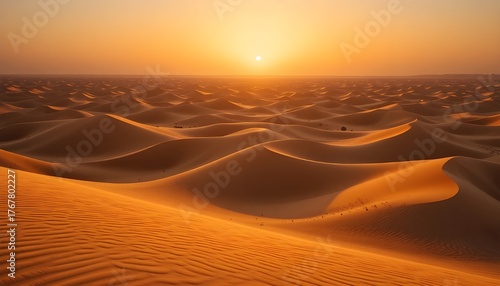 Vast desert landscape with smooth golden sand dunes under orange sunset light, long shadows and rippled textures, clear sky, warm tones, photorealistic detail, perfect for travel or adventure stock im