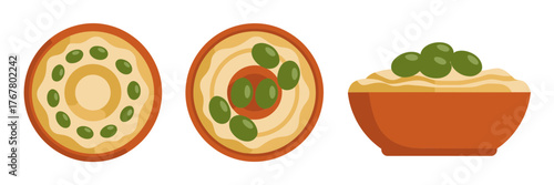 Top view mini pizzas, green topping circles, baked snack icons, rustic kitchen clipart, round food vector elements