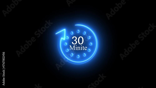 Blue neon glowing timer showing 30 minutes with a circular arrow on black background countdown clock
