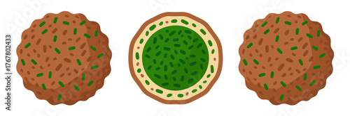 Falafel patties, herb dip bowl, crunchy round snacks, Middle Eastern street food, delicious vegetarian icons, clean vector