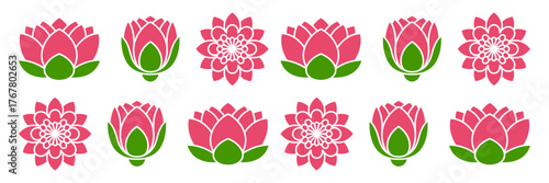 Pink rosette border pattern, repeating floral medallions with leaves, romantic spring divider, invitation decoration, elegant vector set