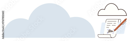 Large cloud element symbolizing online storage, smaller cloud with digital document signed with pen. Ideal for cloud storage, technology, workflow digitization, automation, remote collaboration