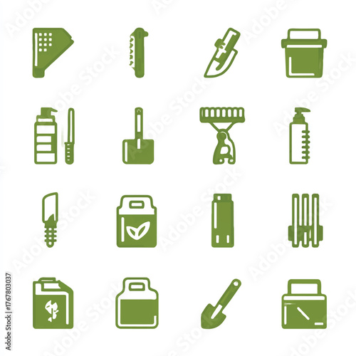 Collection of various garden and household icons depicted in a simple monochromatic style symbolizing tools and containers for diverse applications and tasks with a focus on minimalistic design