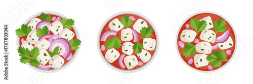 Radish salad plates, circular serving dishes, sliced vegetables with greens, healthy appetizer illustration, vegetarian cuisine clipart vector