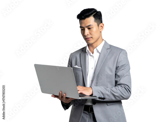 Asian man in a gray suit, using a laptop on a plain dark background