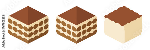 Layered dessert squares, cocoa dusted cream cake, coffee flavored tiramisu pieces, sweet bakery treat illustration, delicious vector