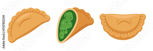Empanada pastry set, baked turnovers collection, golden crust shells, traditional savory snack, Latin cuisine illustration, vector
