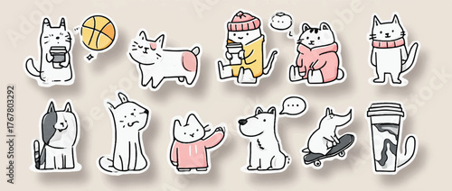Collection of Whimsical Animal Stickers Cute Cartoon Characters Featuring Cats and Dogs in Various Poses and Styles Creative Vector Illustration